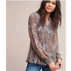Anthropologie Akemi + Kin Adria Smocked Paisley Blouse Ruffle Long Sleeve Medium